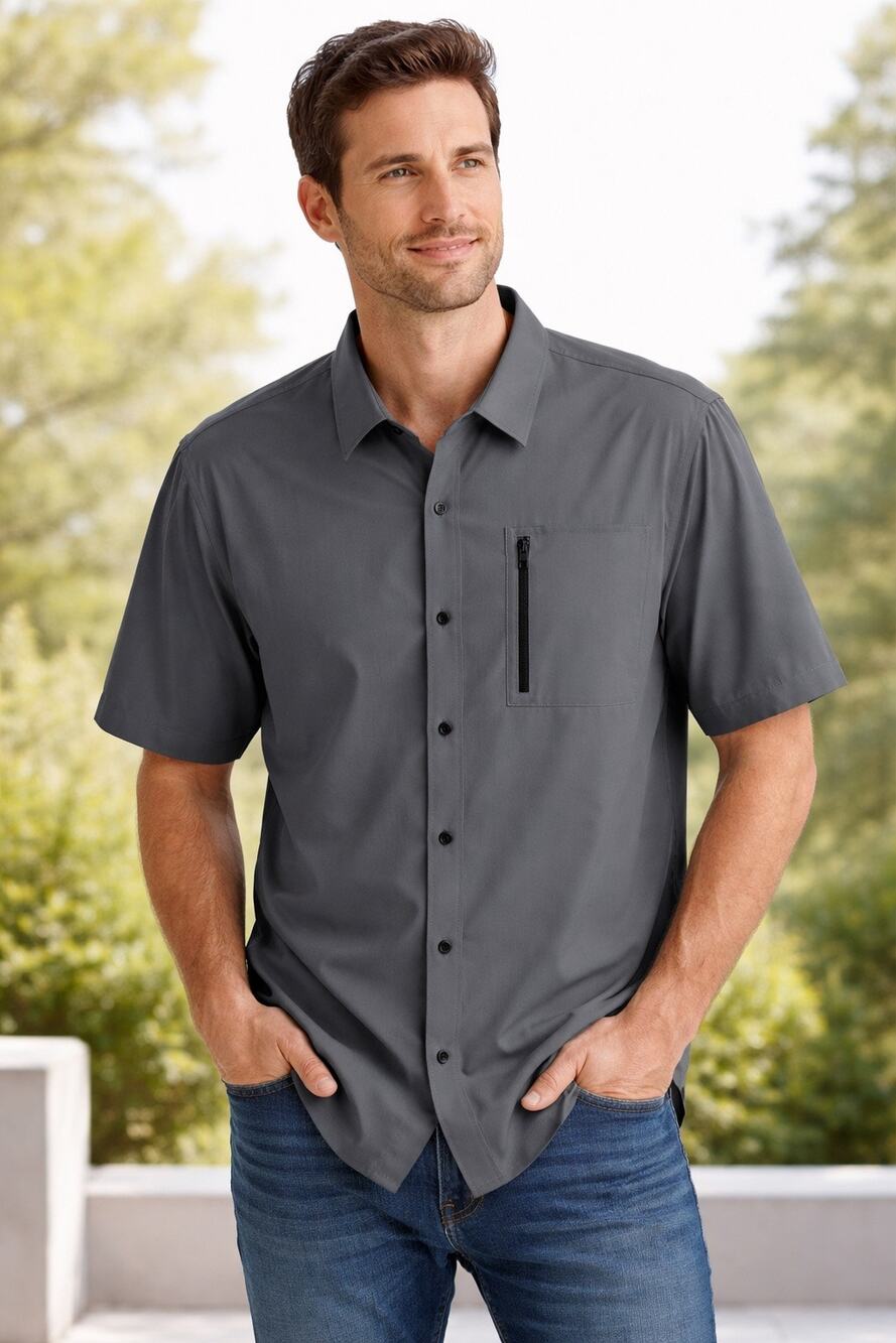 Zella Mens Grey Short Sleeve Snap Button Shirt Performance Lightweight Size 2XL